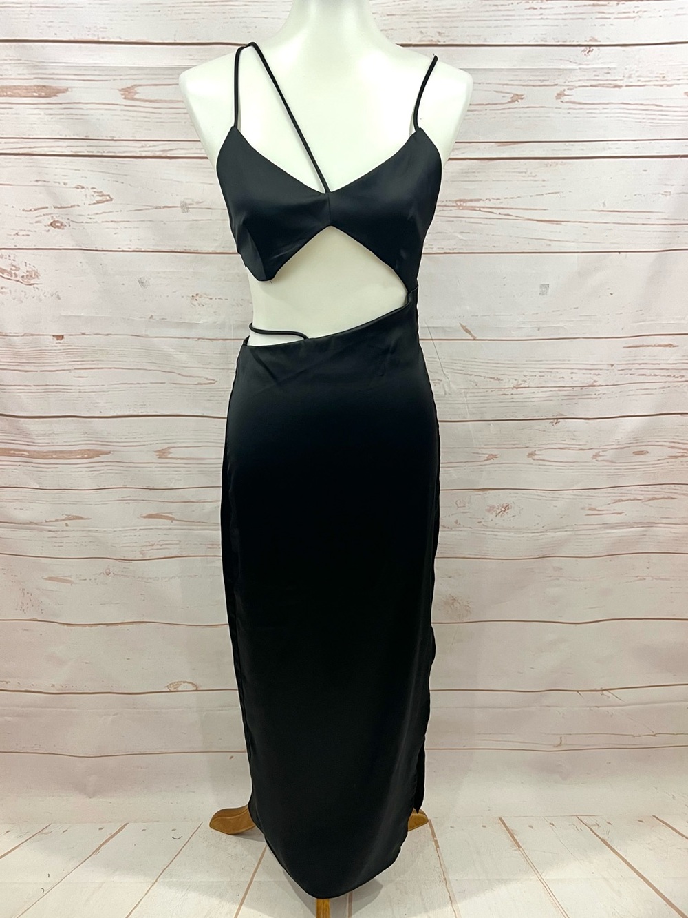 Zara Black Satin Asymmetrical Strappy Cutout Midi Slip Dress Bloggers Fave